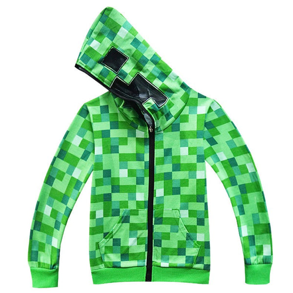 Minecraft Creeper green pixel jacket front with zip – kids costume