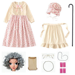 Old Lady Costume Kids Girls Grandma 100 Days of School Dress Wig Book Week Fancy Dress