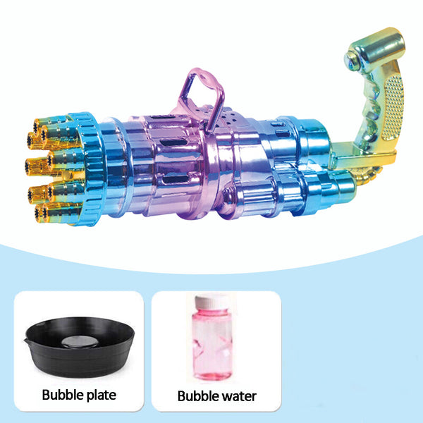 Rainbow chrome 8 hole bubble gun with bubble tray and bottle