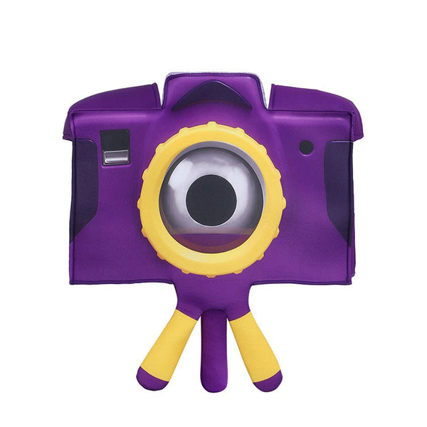 Snappy toy camera character costume worn by a child at a party