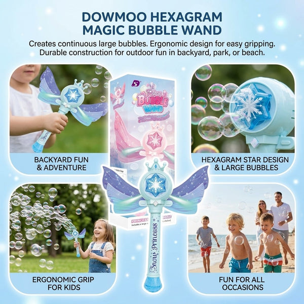Hexagram star bubble wand features: large bubbles, ergonomic grip and outdoor fun
