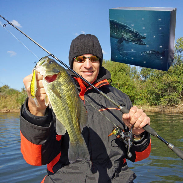 Angler holding a bass beside a lake with the fishing lure advent calendar