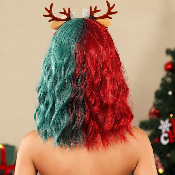 Christmas Wig Red and Green Wig Short Wavy Fun Wigs with Bangs Curly Bob Wigs