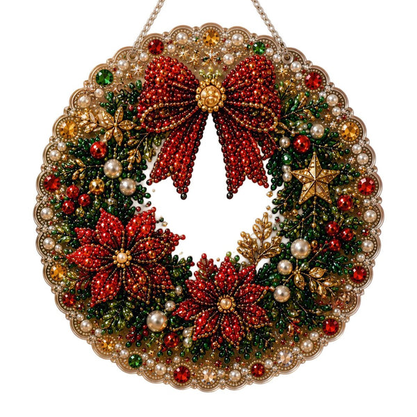 Wreath design diamond painting Christmas decoration with red bow and poinsettias