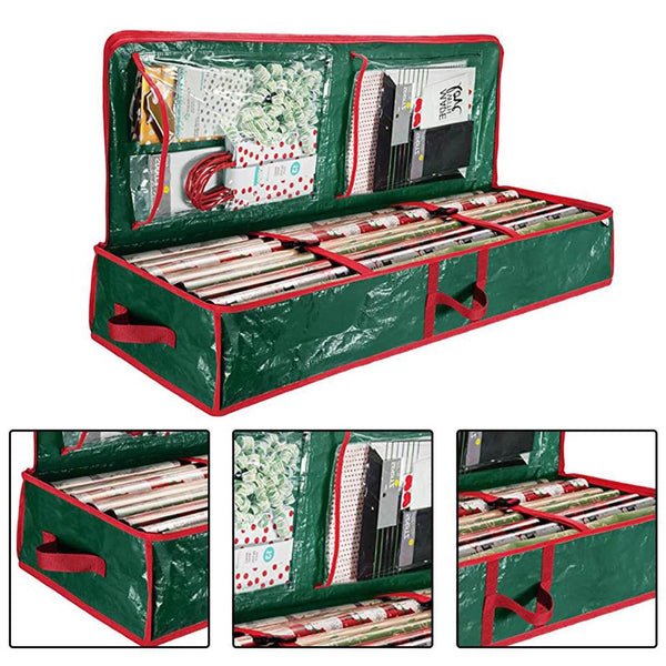 Green under bed gift wrap storage bag with rolls, ribbons and gift tags