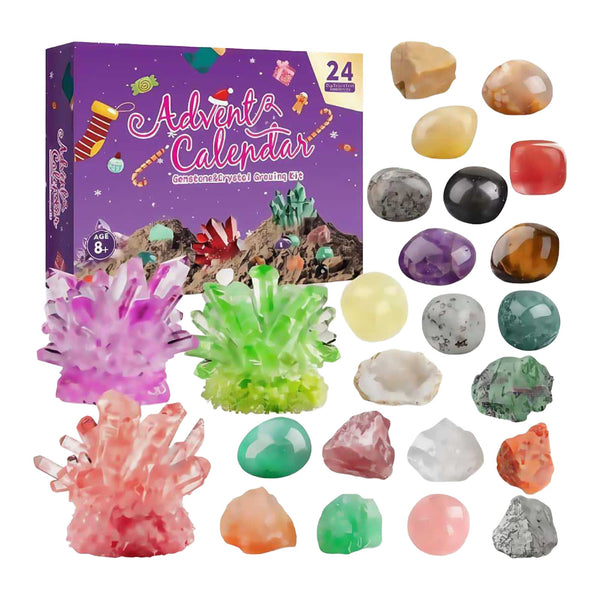 Purple 24 day crystal advent calendar with pink, green and red crystal clusters and gemstones
