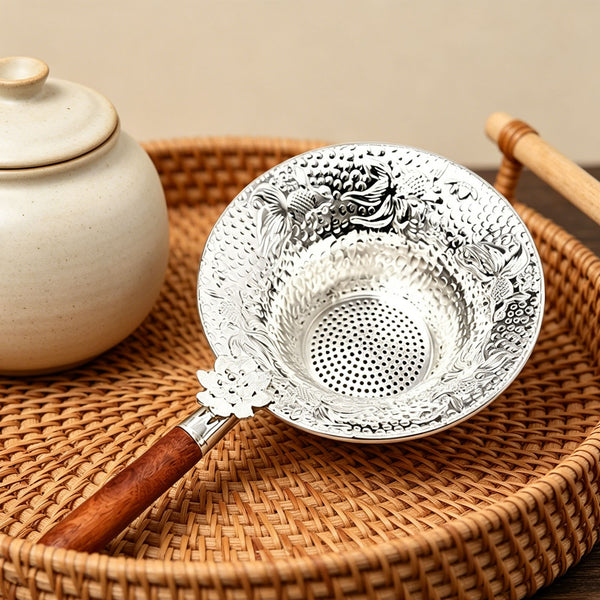 Silver-Plated Tea Strainer Wooden Handle Fine Mesh Loose Leaf Tea Filter