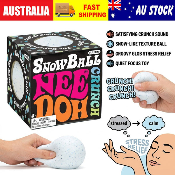 Snowball stress ball, crunchy squishy snow ball in its box with crunch sound and texture features
