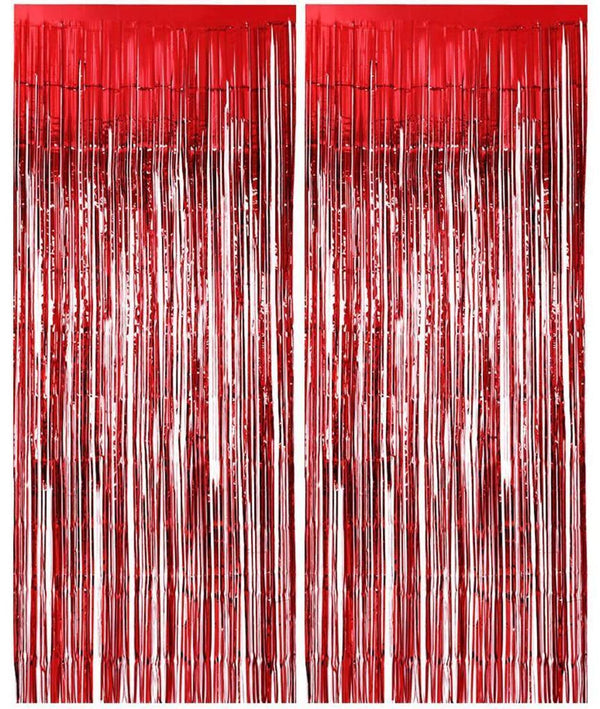 2x 1Mx3M Foil Metallic Fringe Tinsel Curtain Red Backdrop Door Party Decoration