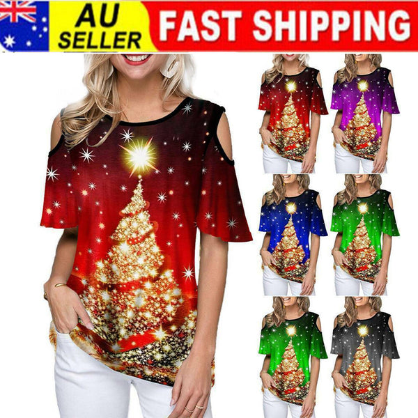 Women's Christmas Top - Cold Shoulder Christmas Tree T-Shirt in Red, Green, Purple or Blue, M to 5XL