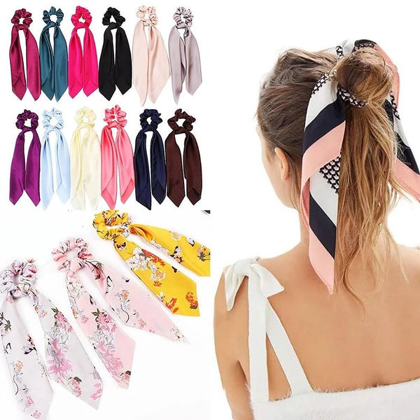 10pcs Boho Silk Bowknot Tie Flower Elastic Hair Scarf Scrunchies Women Hair Band