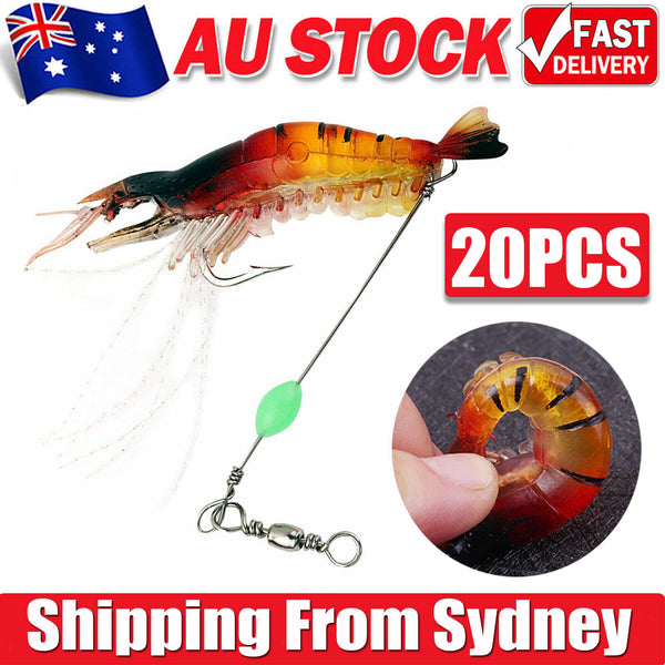 20x Soft Plastic Fishing Lures Tackle Prawn Shrimp Flathead Bream Cod Bass Glow