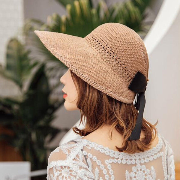 Women Straw Cap Fashion Visor Summer Sun Hat Bow Wide Brim Foldable Beach