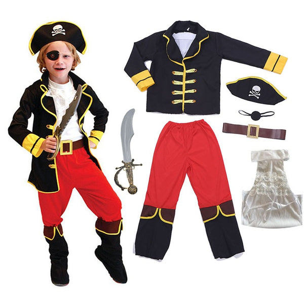 Boy wearing black and gold pirate captain costume with hat, sword and red pants