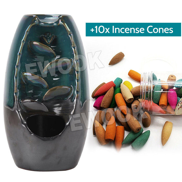 Backflow Ceramic Mountain Waterfall Smoke Incense Burner Cones Holder + 110 Cone