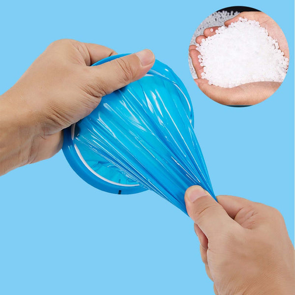 Hand opening the folded ring of a blue disposable vomit bag