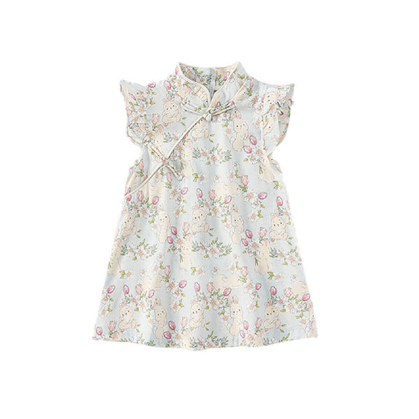 Summer Girls Cheongsam Dress | Stand Collar Flying Sleeve Rabbit Print Qipao