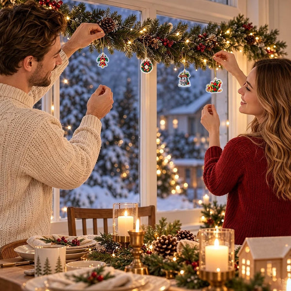 Couple hanging mini brick Christmas ornaments on a window garland