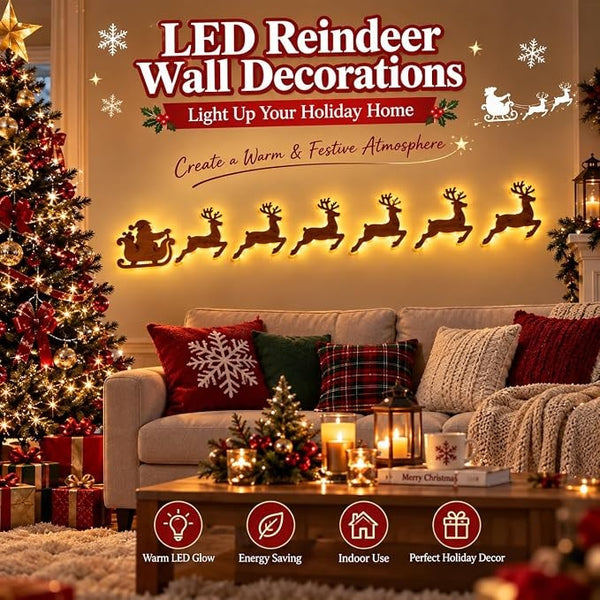 LED reindeer wall decorations with Santa sleigh - warm glow Christmas wall lights for the living room