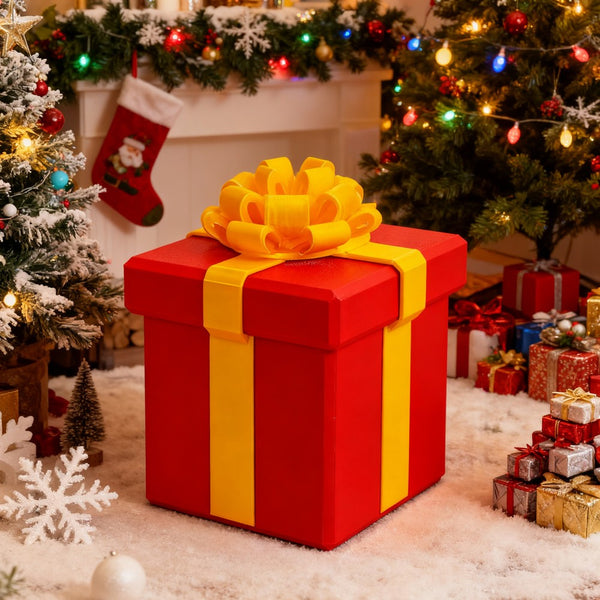 Red square prank gift box with gold bow beside a decorated Christmas tree