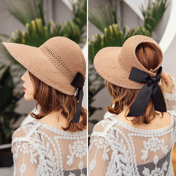 Women Straw Cap Fashion Visor Summer Sun Hat Bow Wide Brim Foldable Beach