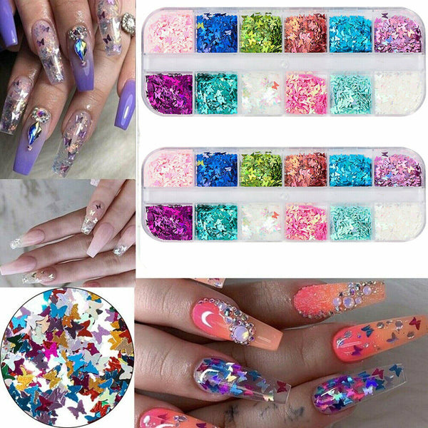 12 Grids Butterfly Shape Nail Flakes 3D Holo Laser Glitter Sequin Nail Decor New