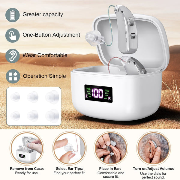 Rechargeable hearing aids features - one-button volume adjustment and comfortable ear tips - Lets Party