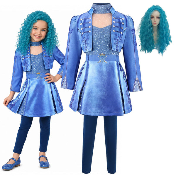 Girl wearing Descendants Chloe costume blue jacket dress with teal wig and full set