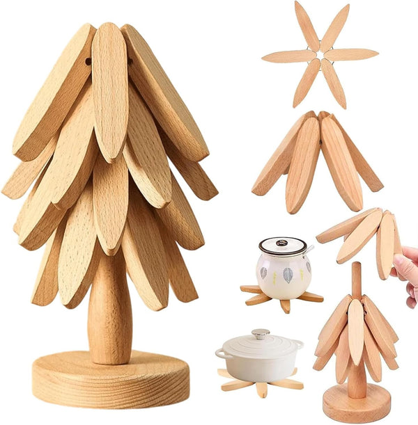 Natural wood trivet set with 4 trivets on the stand