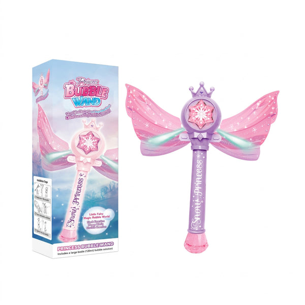 Purple handle light-up bubble wand with pink fairy wings and its box