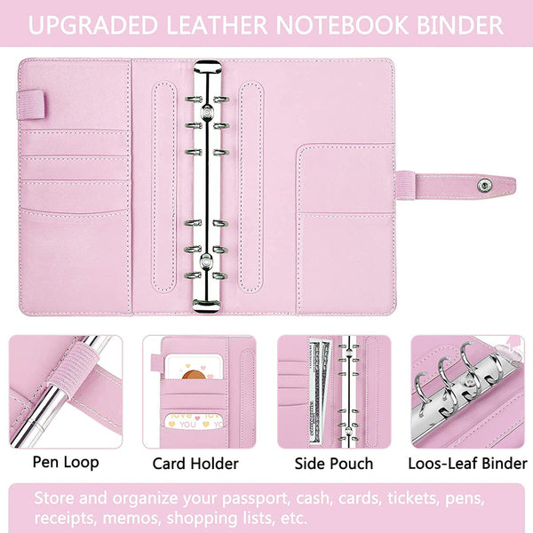PU Leather Notebook Binder Pink A6 Budget Planner Organizer Cover Pockets Sheets