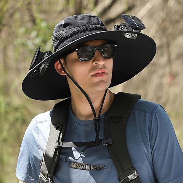 Wide Brim Fishing Sun Hat With Solar Fan Outdoor Breathable Waterproof Bucket