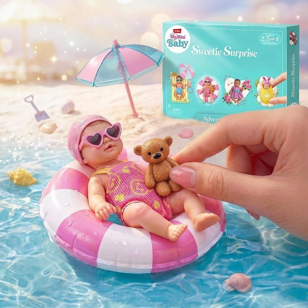 Mini baby doll on a swim ring with sunglasses and a teddy bear