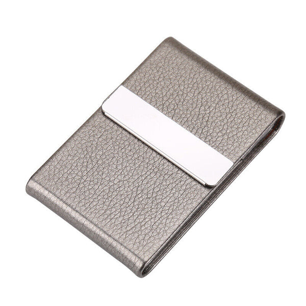 Business Card Holder Case Cover Black Leather Silver Metal Credit Card Magnetic