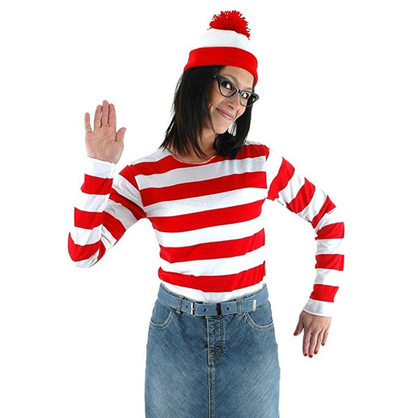 Women Men Kids Wheres Wally T-shirt Glasses Hat Socks Christmas Costume Cosplay