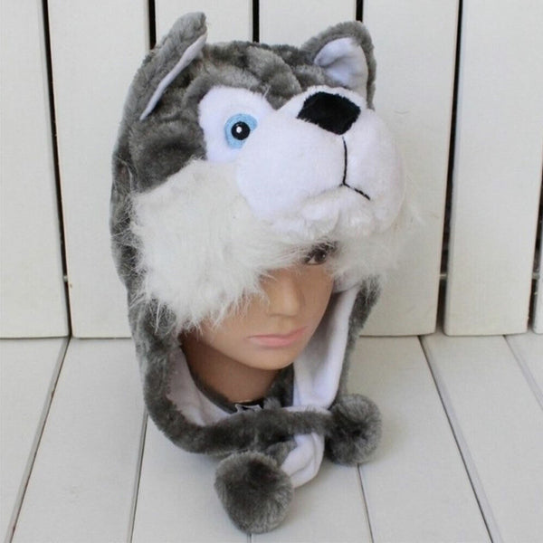 Dog Hat Dress Up Warm Plush Winter Adults Kids Snow Wolf Animal Costume Beanie