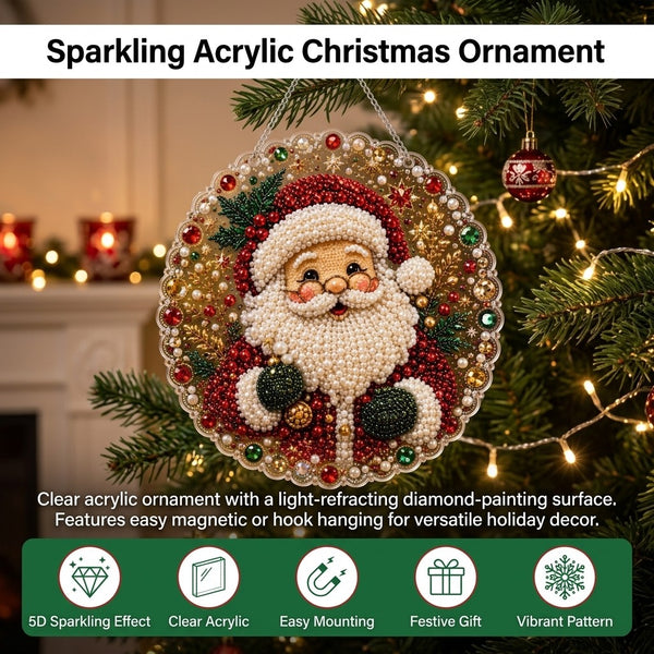 Santa diamond painting ornament hanging on a Christmas tree