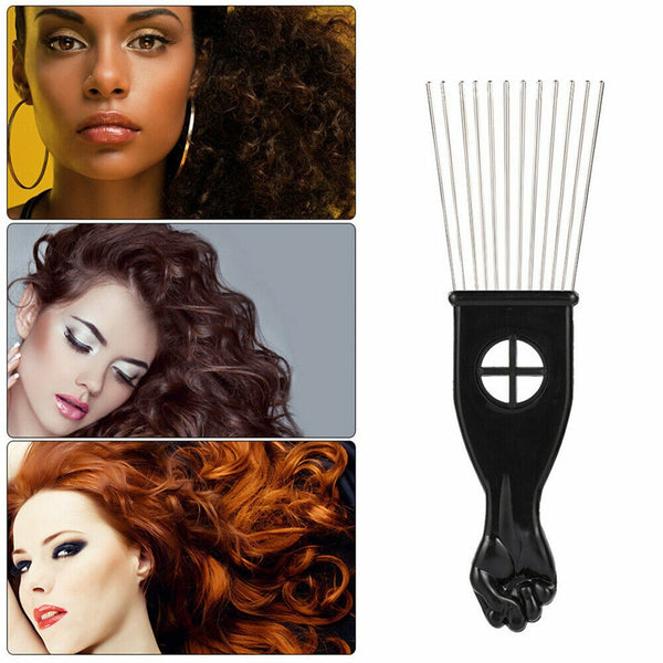 Black Detangle Metal Tooth Hair Comb Wig Afro Braid Pick Sector w/ Fist Handle A