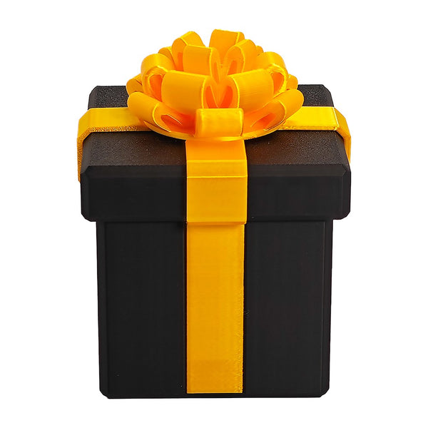 Black square annoying gift box with gold ribbon and bow