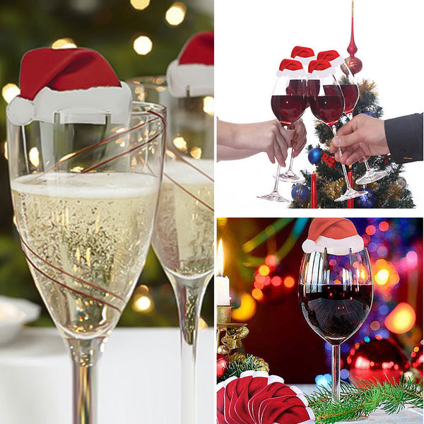 10pcs Xmas Hats Champagne Wine Glass Caps Christmas Holiday Party Decorations