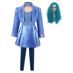 Descendants 5 Chloe Costume Kids Girls Blue Jacket Dress Wig Book Week Cosplay