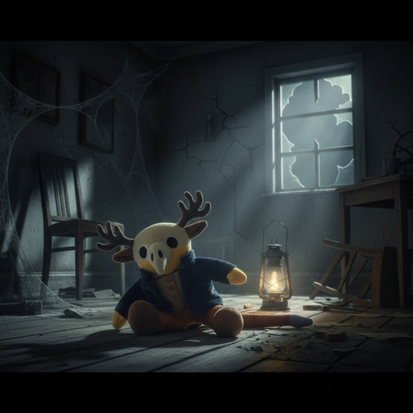 Antlered skull-mask plush sitting by a lantern in a dark room