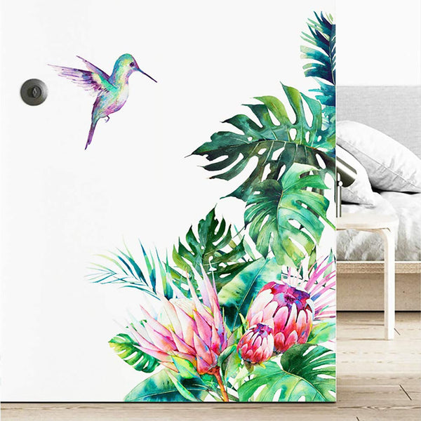 Wall Stickers Protea Flowers Tropical Leaves Hummingbird Corner Decal Removable