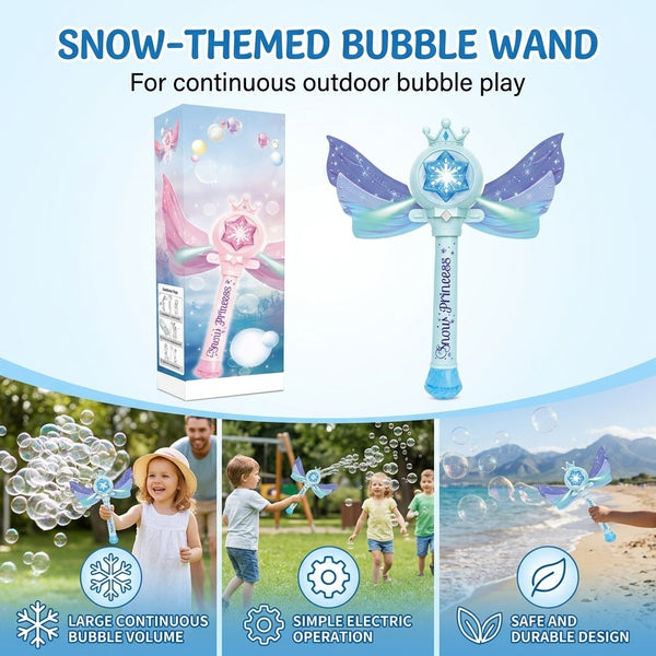 Snow-themed bubble wand for continuous outdoor bubble play with simple electric operation