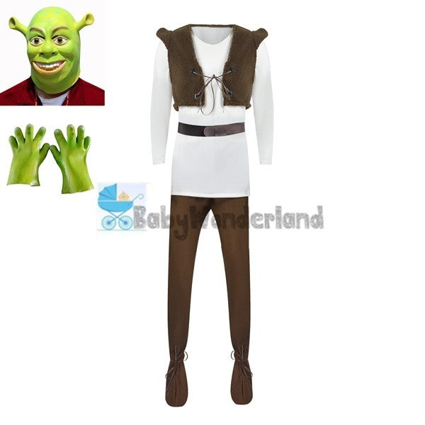 Adult Men Shrek Green Monster Cosplay Costume Mask Gloves Halloween Party XS-3XL