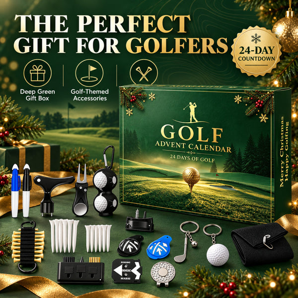 Deep green golf advent calendar gift box with tees, keyrings and ball markers, a gift for golfers