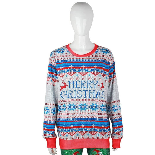 Blue and red Merry Christmas knit-print jumper on a mannequin