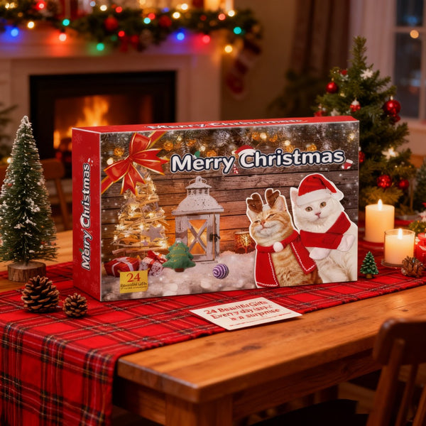 Cat toy advent calendar on a tartan table runner by the fireplace