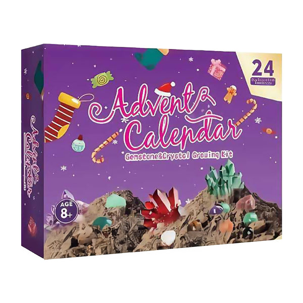 Front of the purple 24 day gemstone and crystal advent calendar box