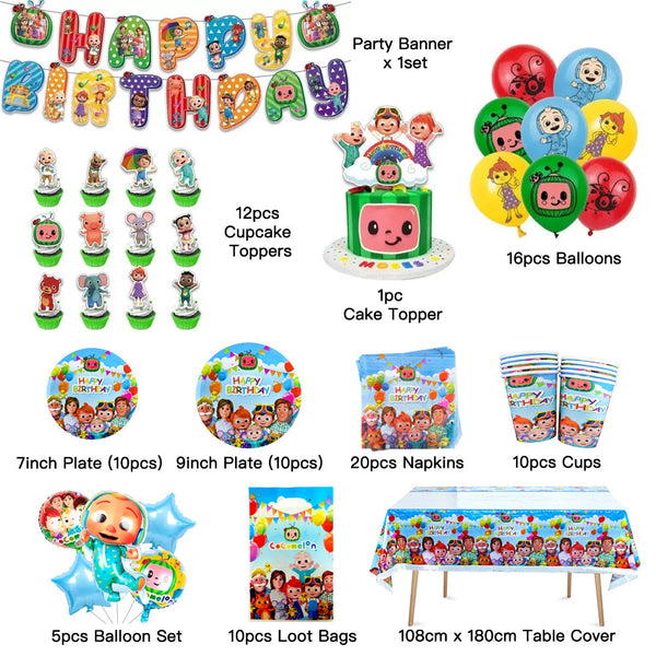 Cocomelon  Tableware Party Supplies Kids Birthday Banner Topper Balloon Plate